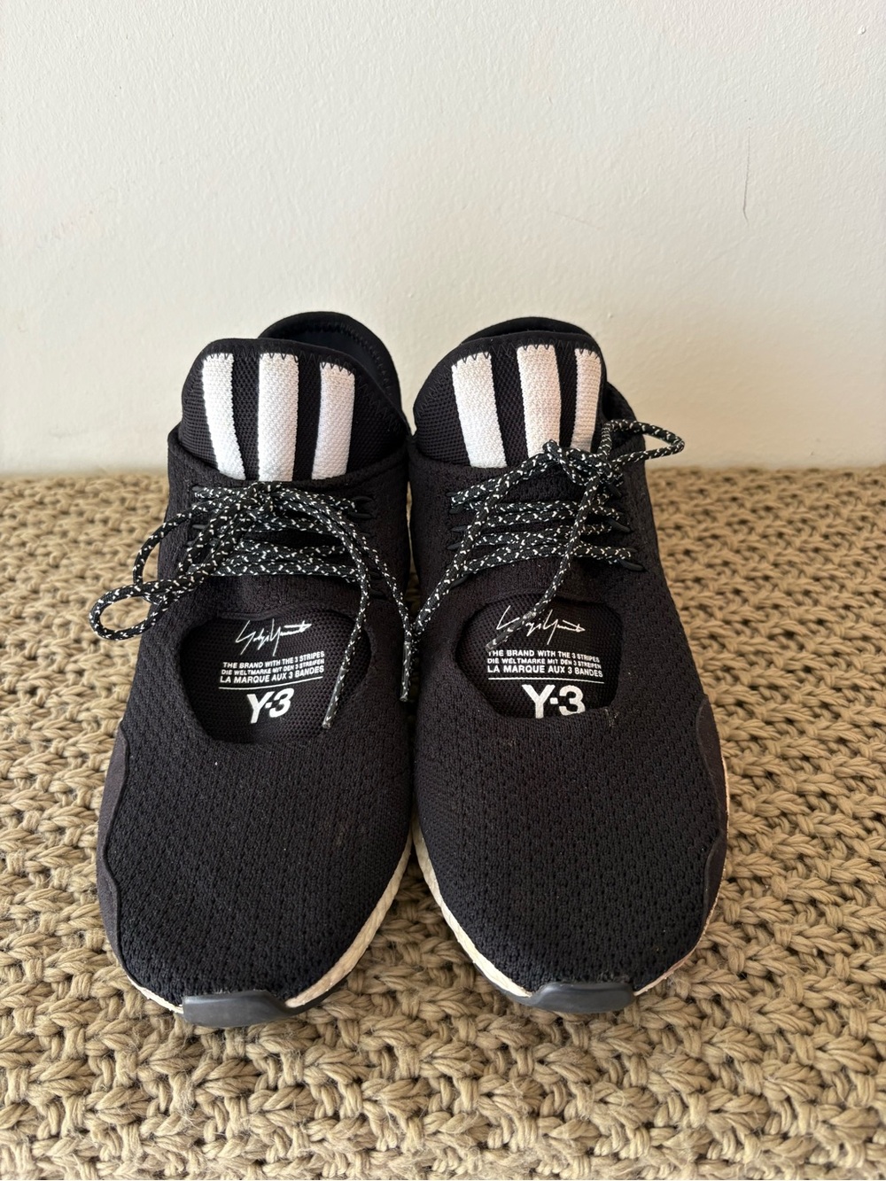 Y-3 Black and White Knit Lace-Up Sneakers